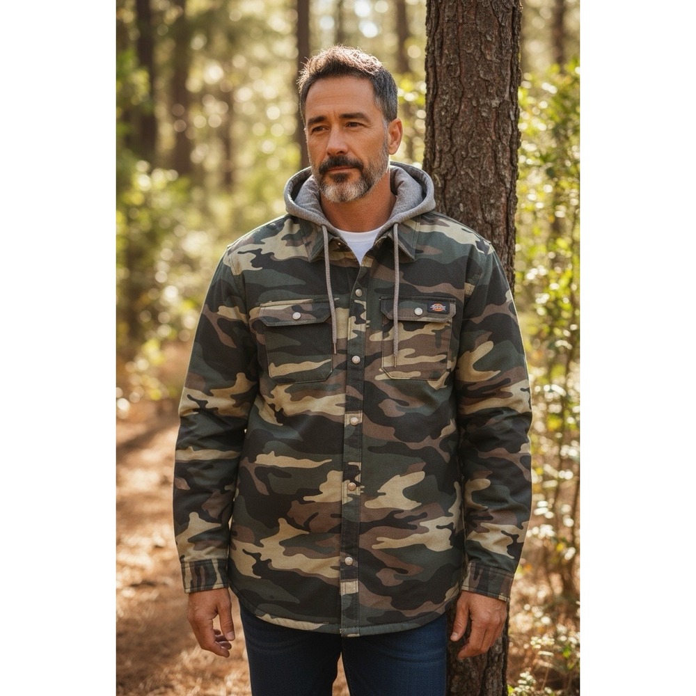 Dickies Men's Jacket Fleece Hooded Shirt Coat with Hydroshield TJ213 Camo XL